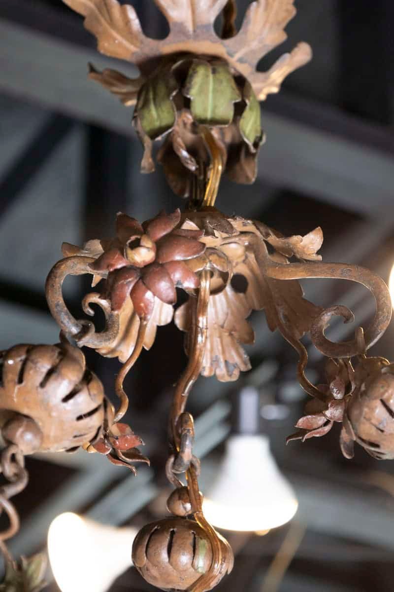 20th Century Italian Tole Lantern with Hand-Painted Floral Garland and Opaline Glass Shade - JAA