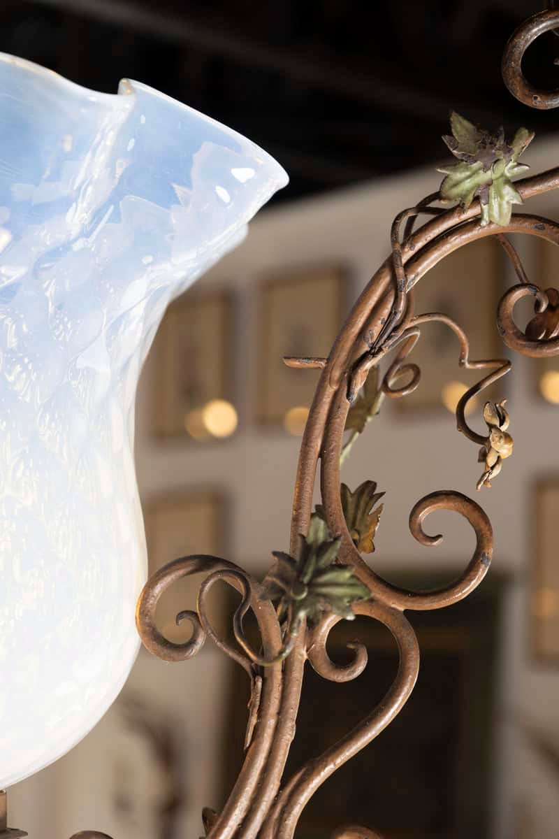 20th Century Italian Tole Lantern with Hand-Painted Floral Garland and Opaline Glass Shade - JAA