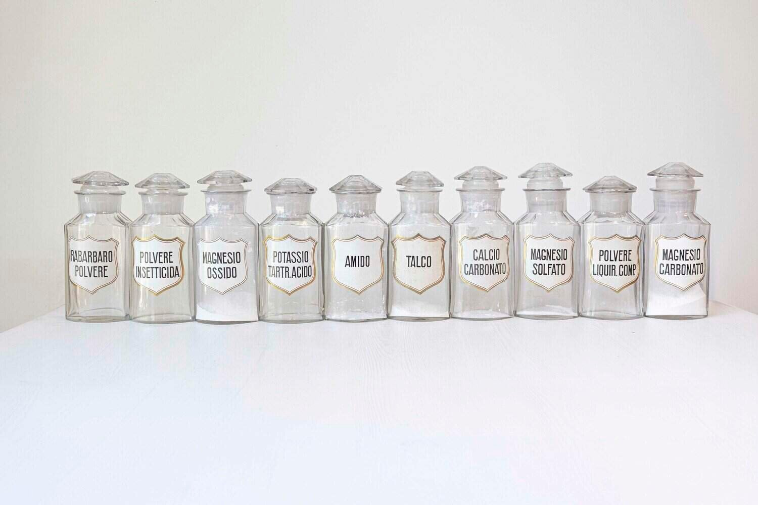 Italian 20th Century Clear Glass Hexagonal Apothecary Pharmacy Jar with Original Label and Glass Stopper - JAA