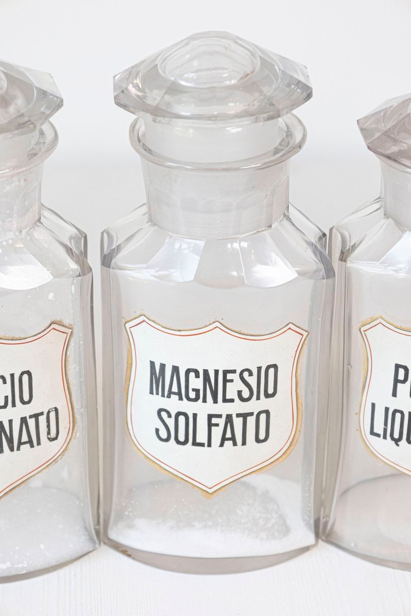 Italian 20th Century Clear Glass Hexagonal Apothecary Pharmacy Jar with Original Label and Glass Stopper - JAA