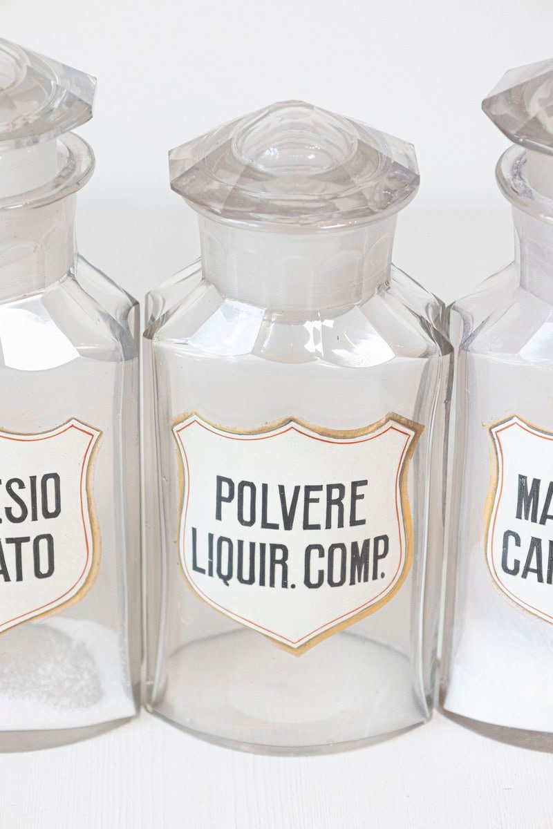 Italian 20th Century Clear Glass Hexagonal Apothecary Pharmacy Jar with Original Label and Glass Stopper - JAA