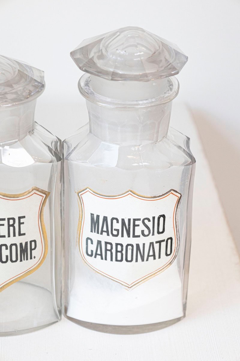 Italian 20th Century Clear Glass Hexagonal Apothecary Pharmacy Jar with Original Label and Glass Stopper - JAA