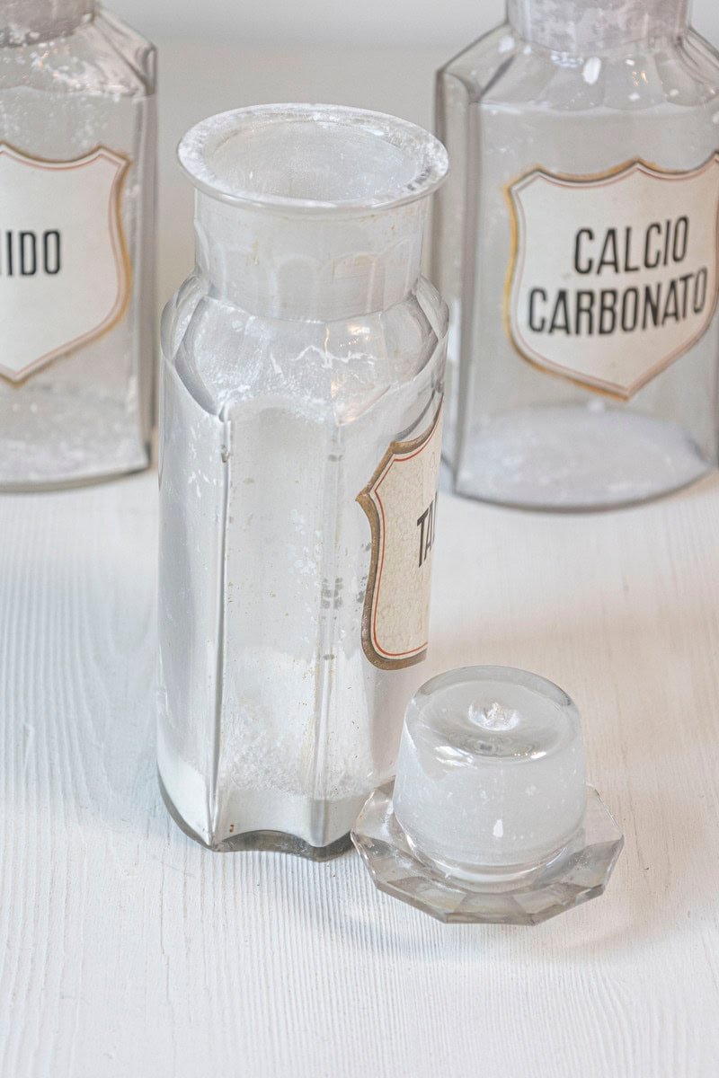 Italian 20th Century Clear Glass Hexagonal Apothecary Pharmacy Jar with Original Label and Glass Stopper - JAA