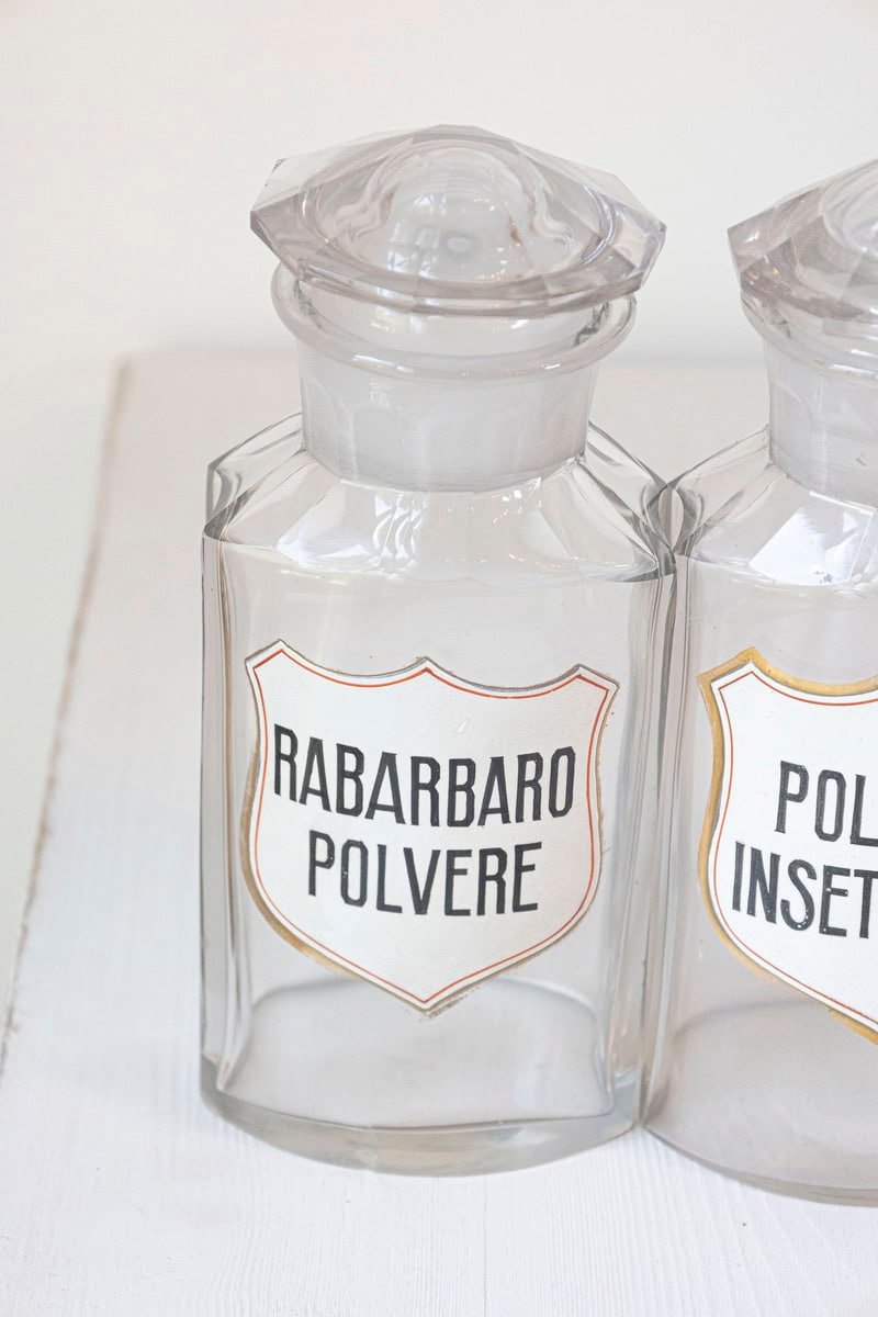 Italian 20th Century Clear Glass Hexagonal Apothecary Pharmacy Jar with Original Label and Glass Stopper - JAA