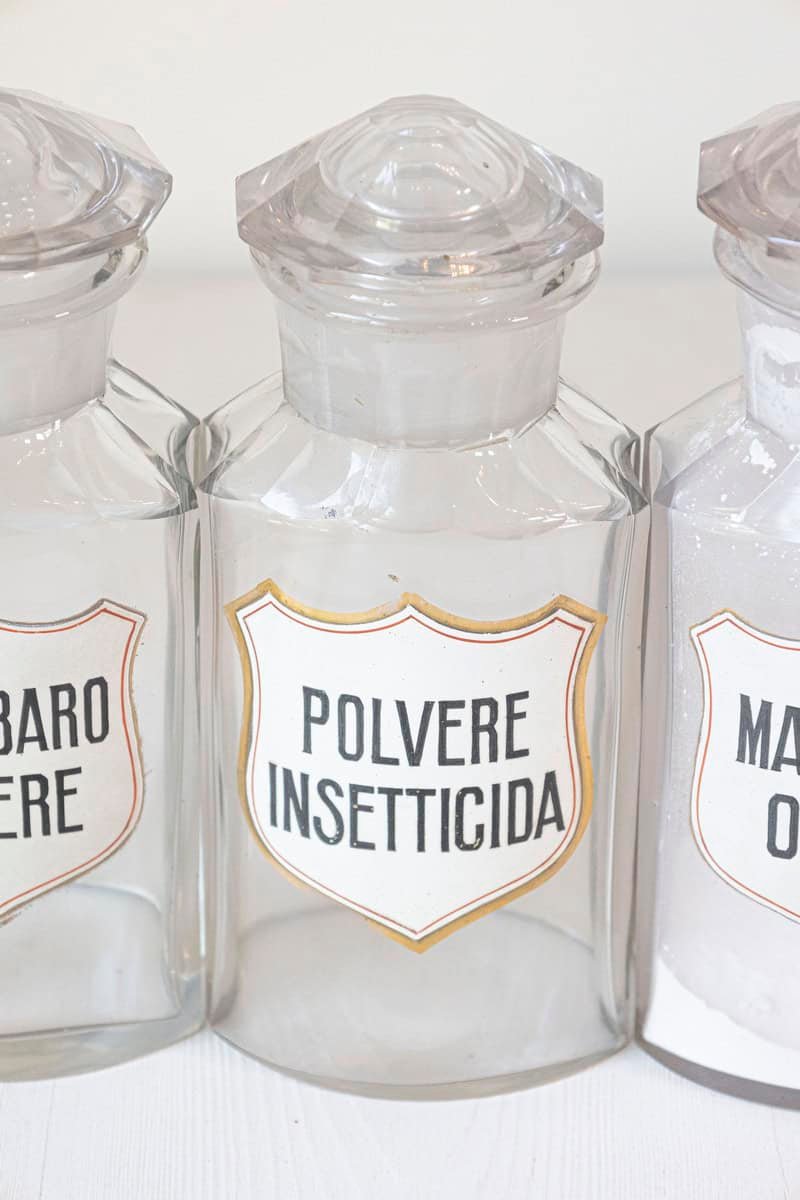 Italian 20th Century Clear Glass Hexagonal Apothecary Pharmacy Jar with Original Label and Glass Stopper - JAA