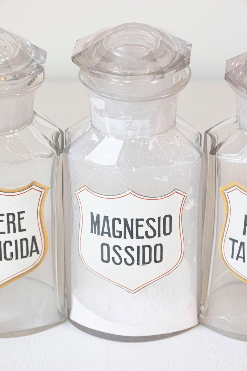 Italian 20th Century Clear Glass Hexagonal Apothecary Pharmacy Jar with Original Label and Glass Stopper - JAA