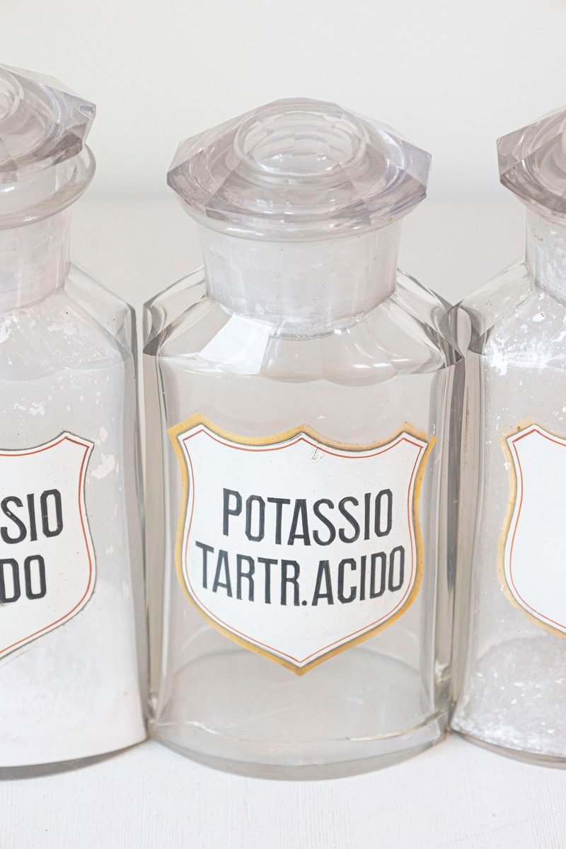 Italian 20th Century Clear Glass Hexagonal Apothecary Pharmacy Jar with Original Label and Glass Stopper - JAA