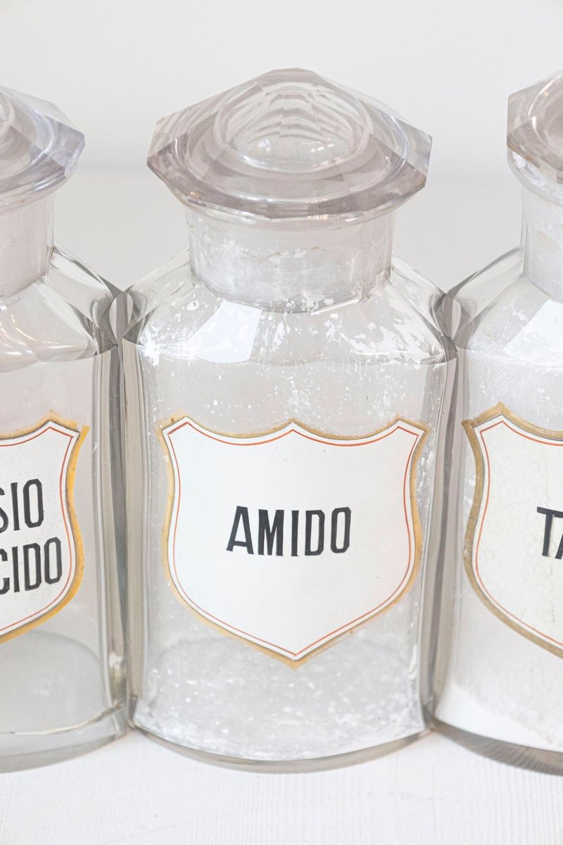 Italian 20th Century Clear Glass Hexagonal Apothecary Pharmacy Jar with Original Label and Glass Stopper - JAA