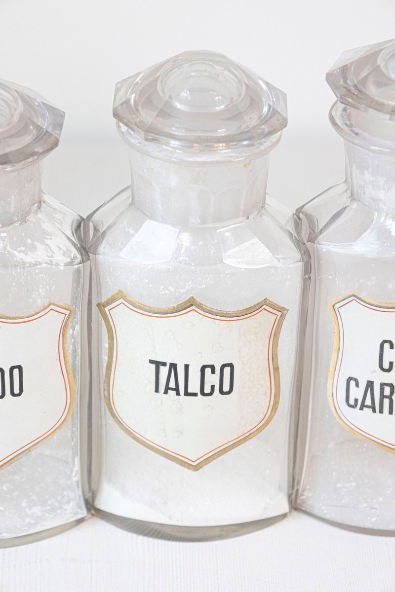 Italian 20th Century Clear Glass Hexagonal Apothecary Pharmacy Jar with Original Label and Glass Stopper - JAA