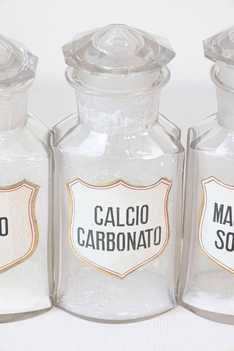 Italian 20th Century Clear Glass Hexagonal Apothecary Pharmacy Jar with Original Label and Glass Stopper - JAA