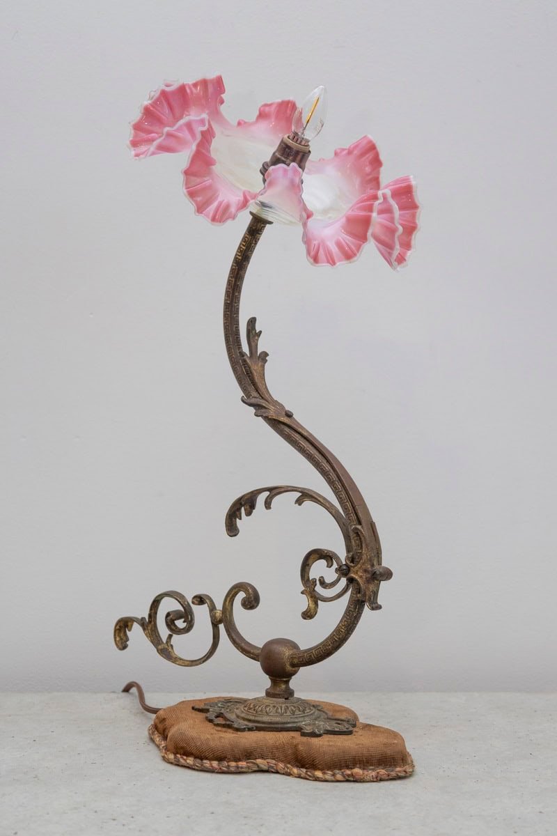 Exquisite 19th-Century French Art Nouveau Lamp with Hand-Blown Pink Ruffled Glass Shade - JAA