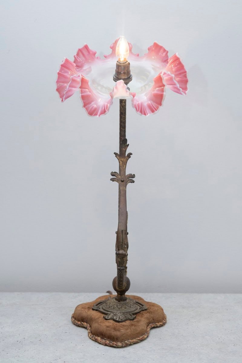 Exquisite 19th-Century French Art Nouveau Lamp with Hand-Blown Pink Ruffled Glass Shade - JAA