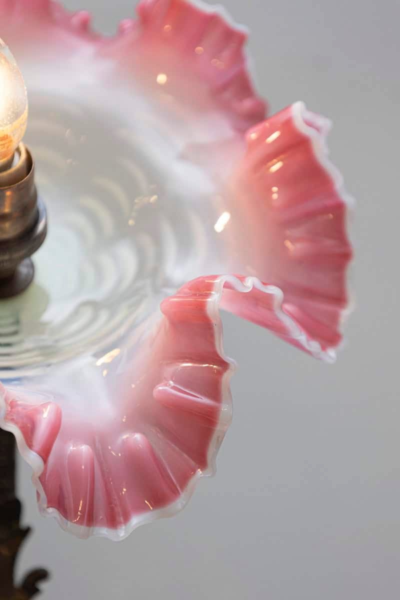 Exquisite 19th-Century French Art Nouveau Lamp with Hand-Blown Pink Ruffled Glass Shade - JAA
