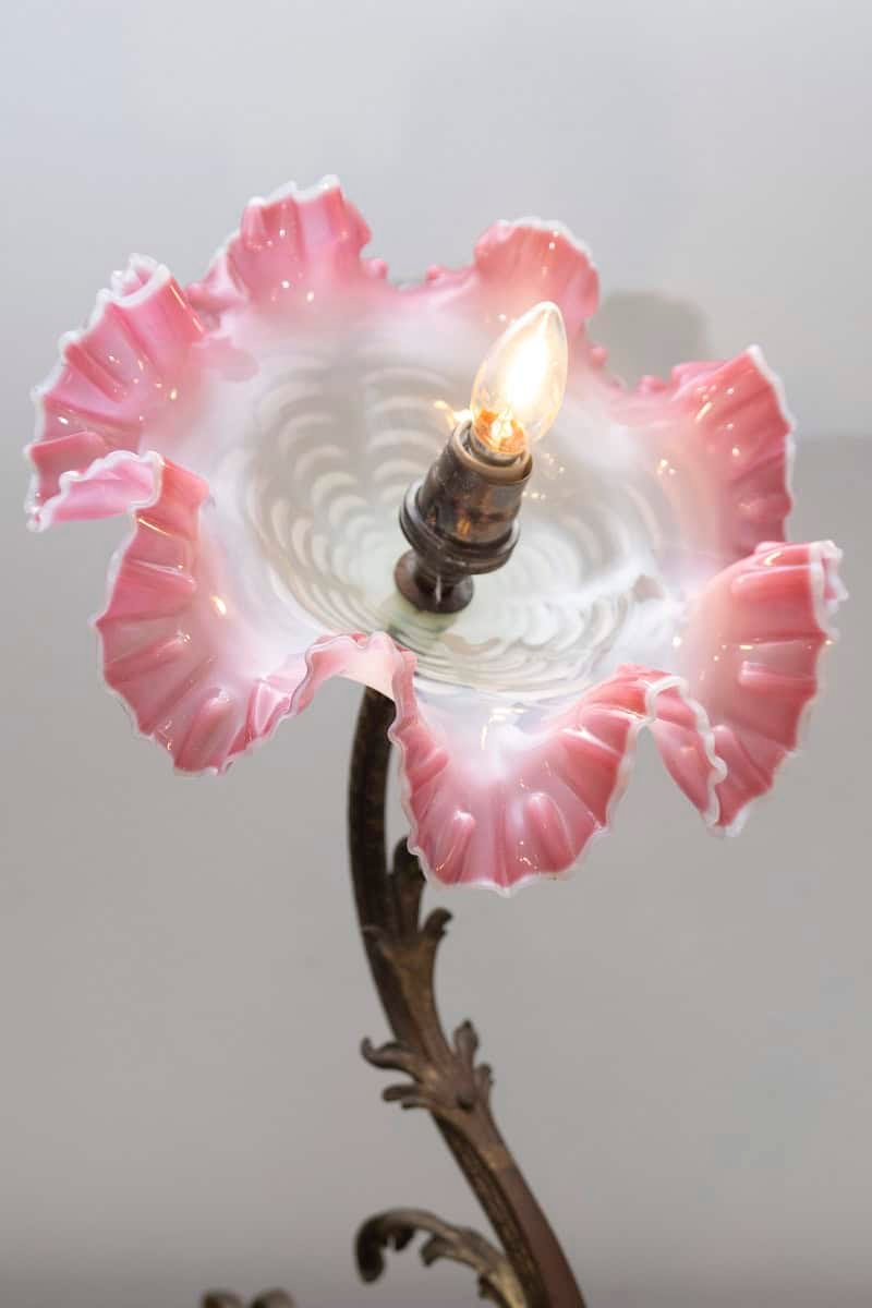 Exquisite 19th-Century French Art Nouveau Lamp with Hand-Blown Pink Ruffled Glass Shade - JAA
