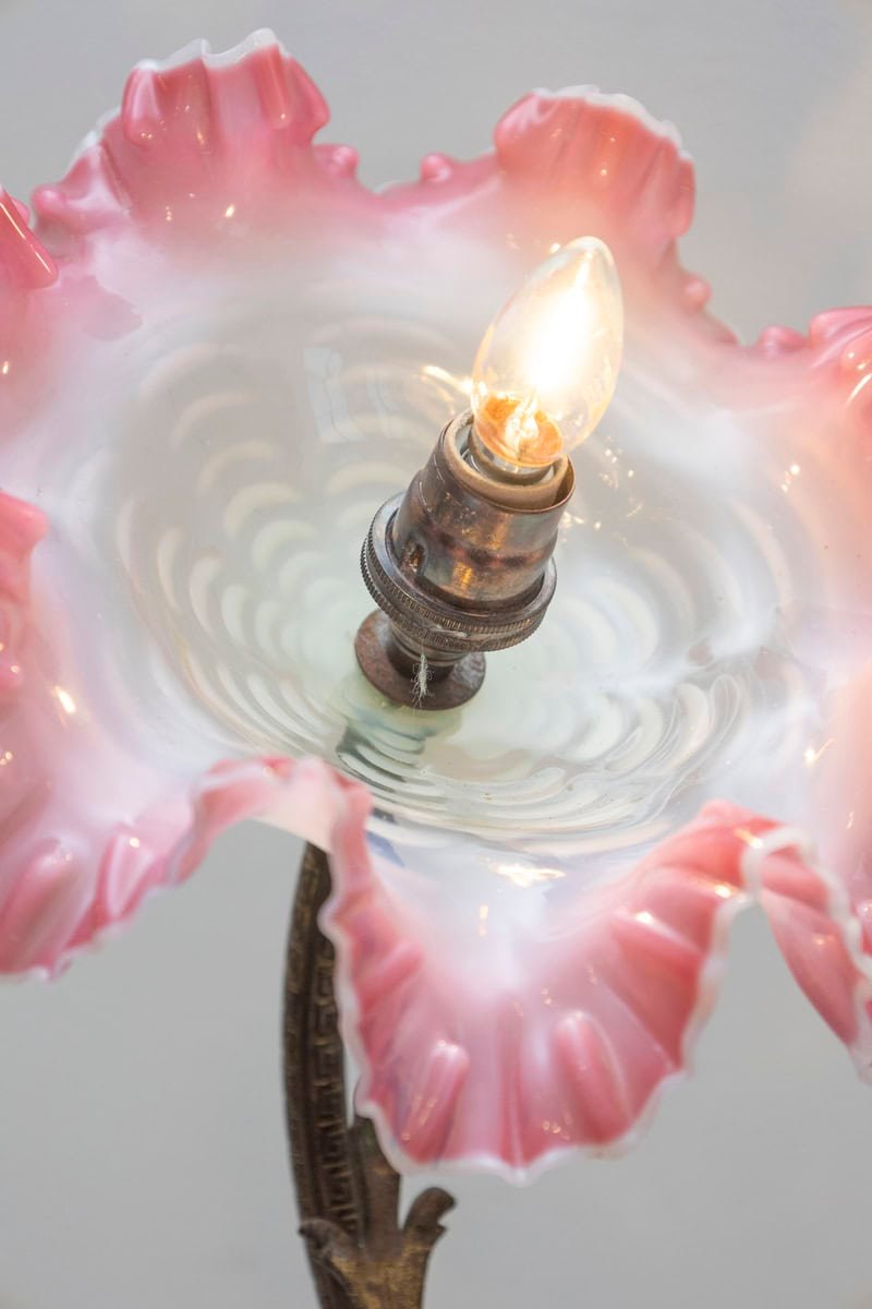 Exquisite 19th-Century French Art Nouveau Lamp with Hand-Blown Pink Ruffled Glass Shade - JAA