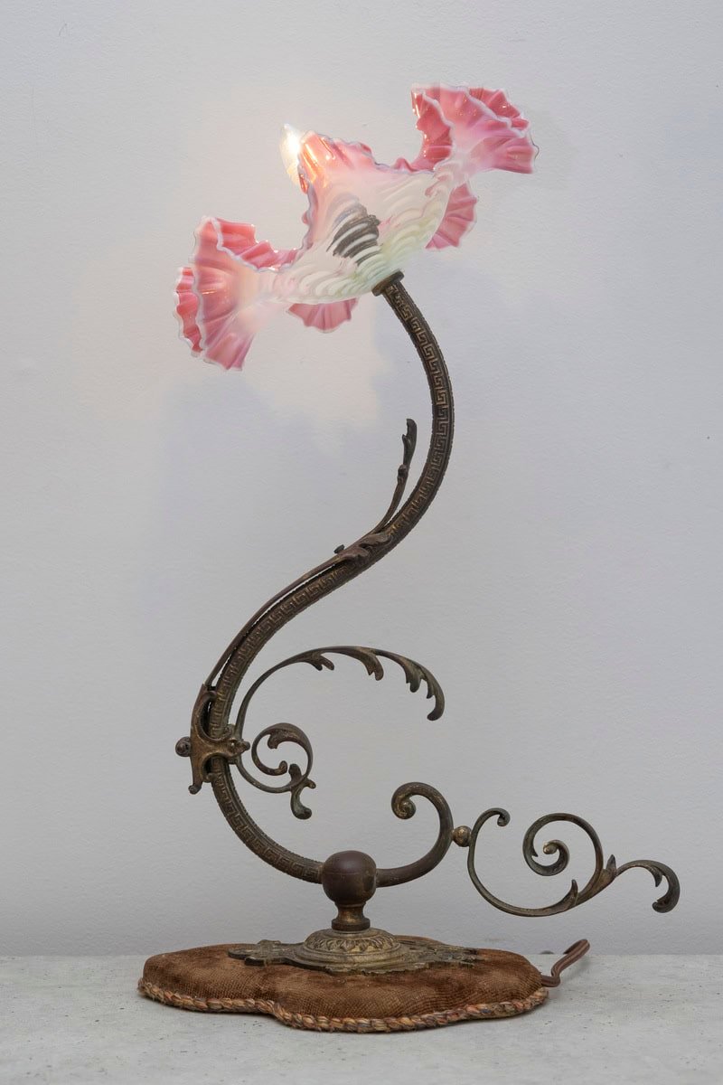 Exquisite 19th-Century French Art Nouveau Lamp with Hand-Blown Pink Ruffled Glass Shade - JAA