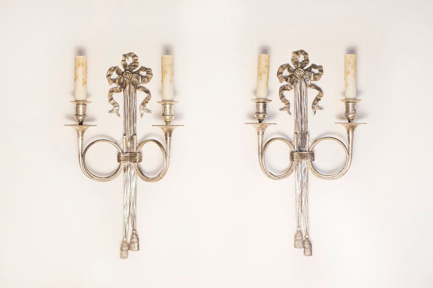 Pair of French Maison Baguès Inspired Silvered Bronze Sconces with Hunting Horns - JAA