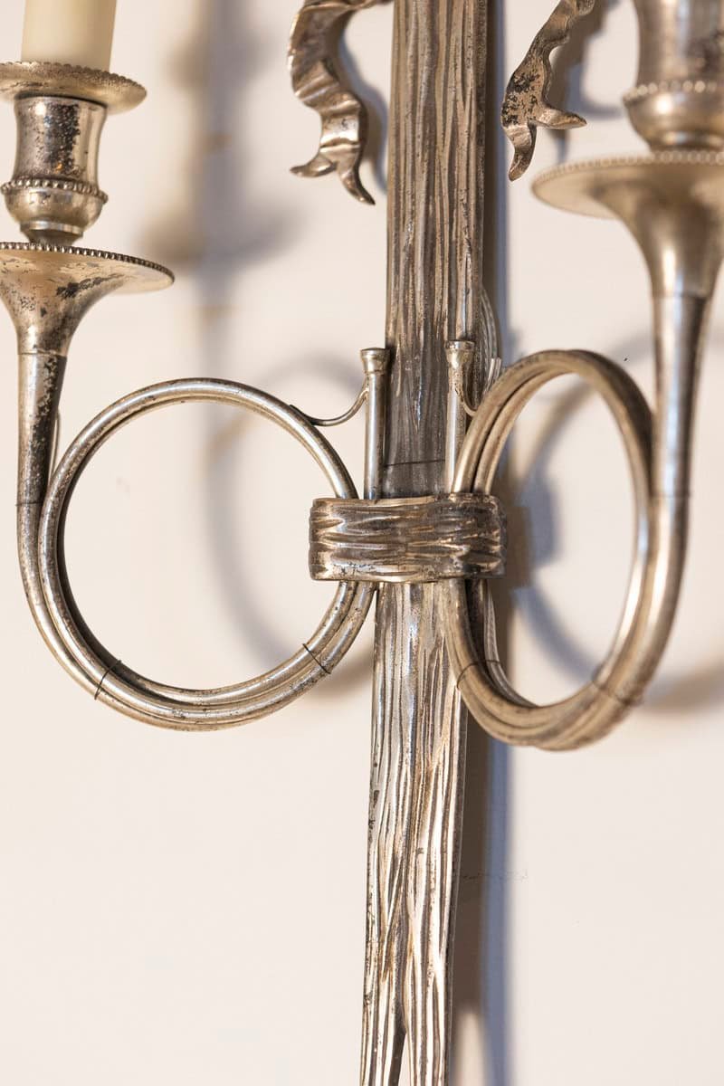 Pair of French Maison Baguès Inspired Silvered Bronze Sconces with Hunting Horns - JAA
