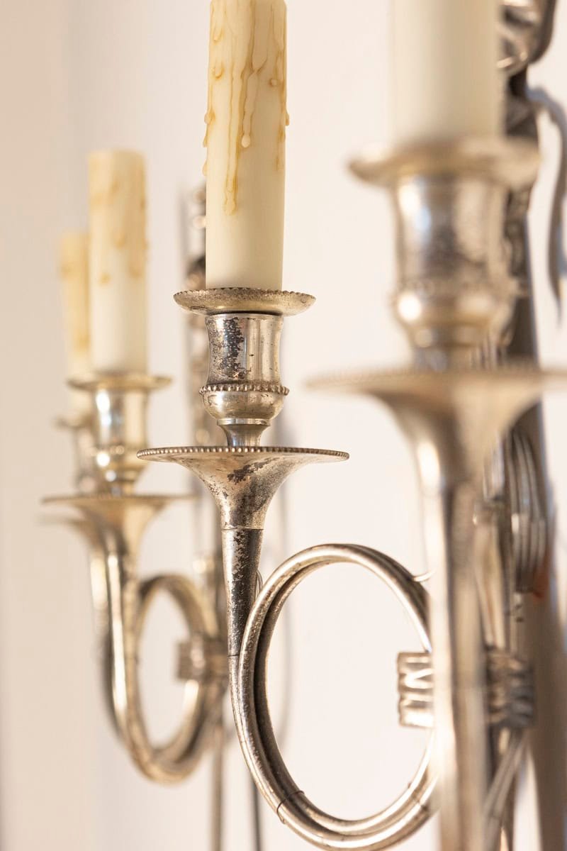 Pair of French Maison Baguès Inspired Silvered Bronze Sconces with Hunting Horns - JAA