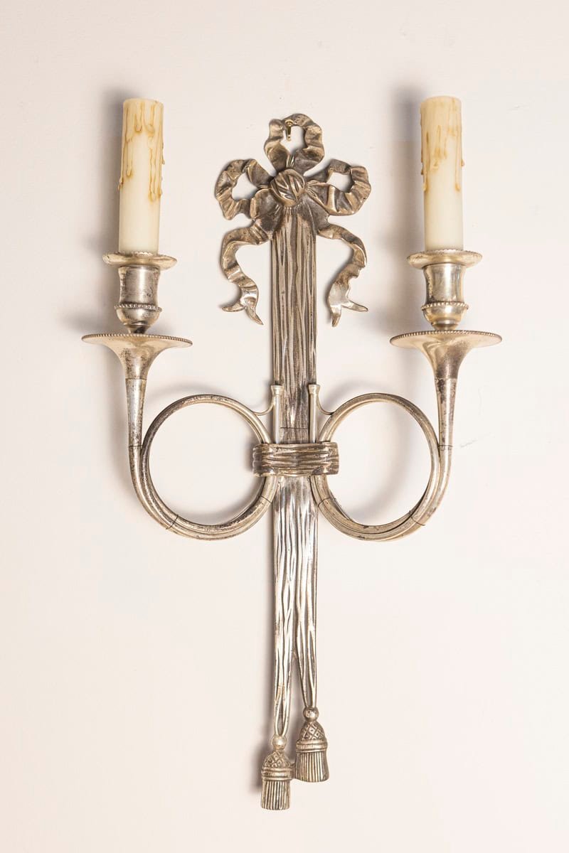 Pair of French Maison Baguès Inspired Silvered Bronze Sconces with Hunting Horns - JAA
