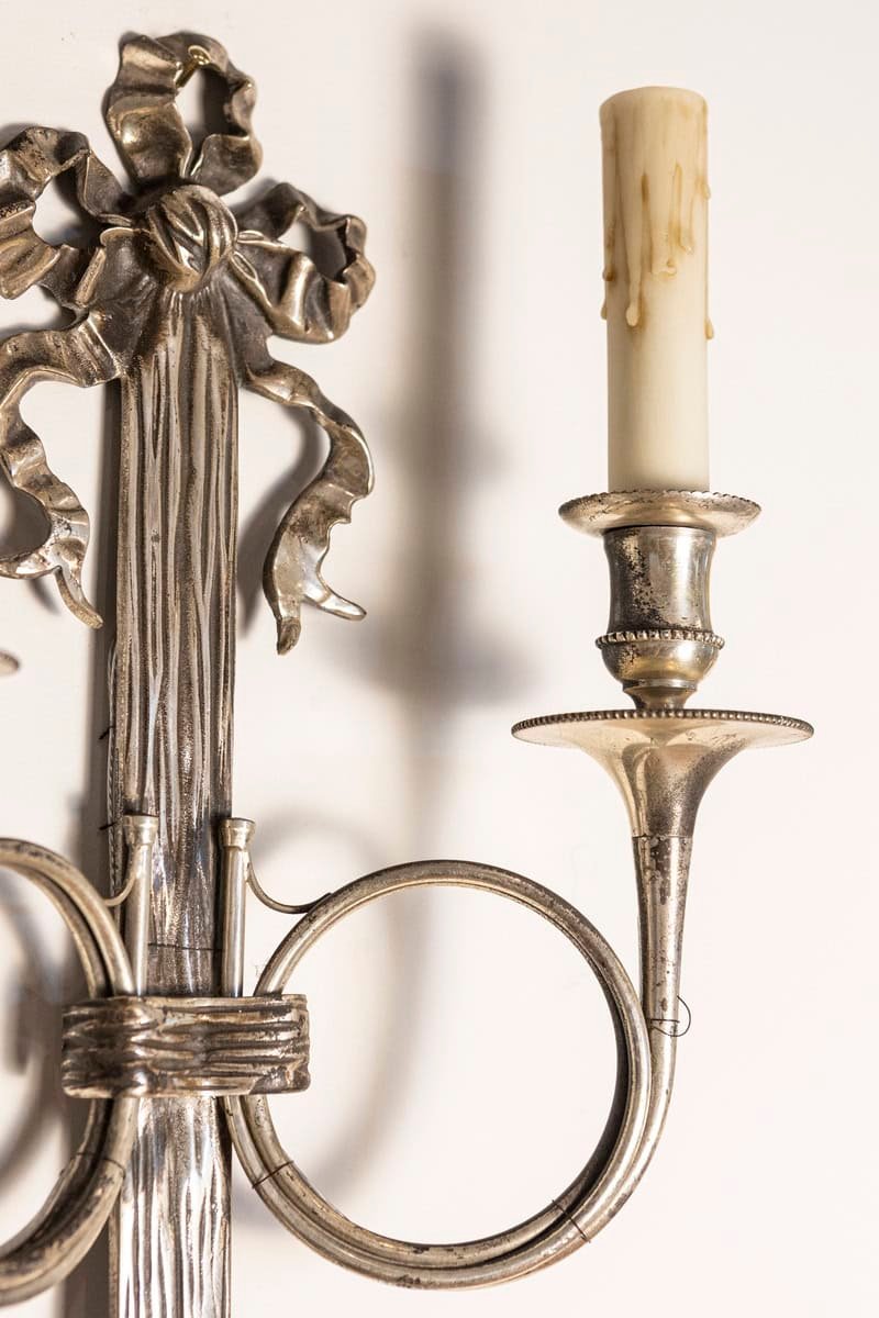 Pair of French Maison Baguès Inspired Silvered Bronze Sconces with Hunting Horns - JAA
