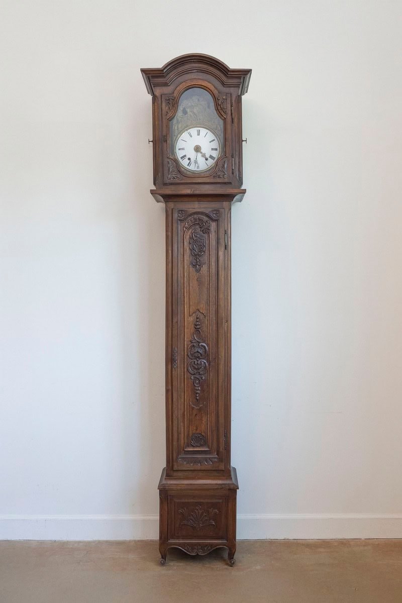 French Napoléon III Carved Walnut Long Case Clock with Brass Farming Scene - JAA