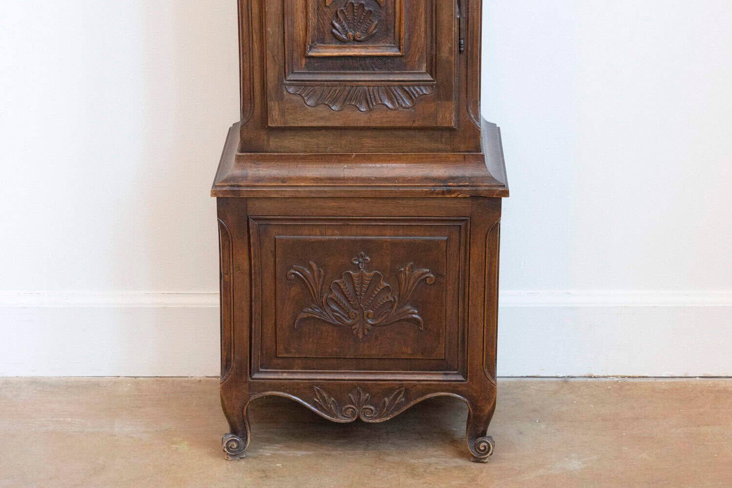 French Napoléon III Carved Walnut Long Case Clock with Brass Farming Scene - JAA