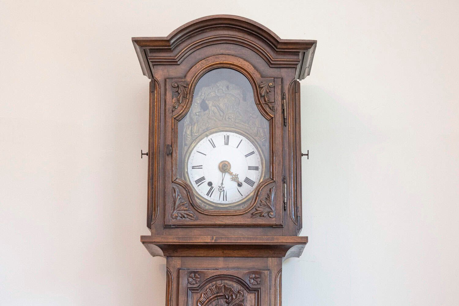French Napoléon III Carved Walnut Long Case Clock with Brass Farming Scene - JAA