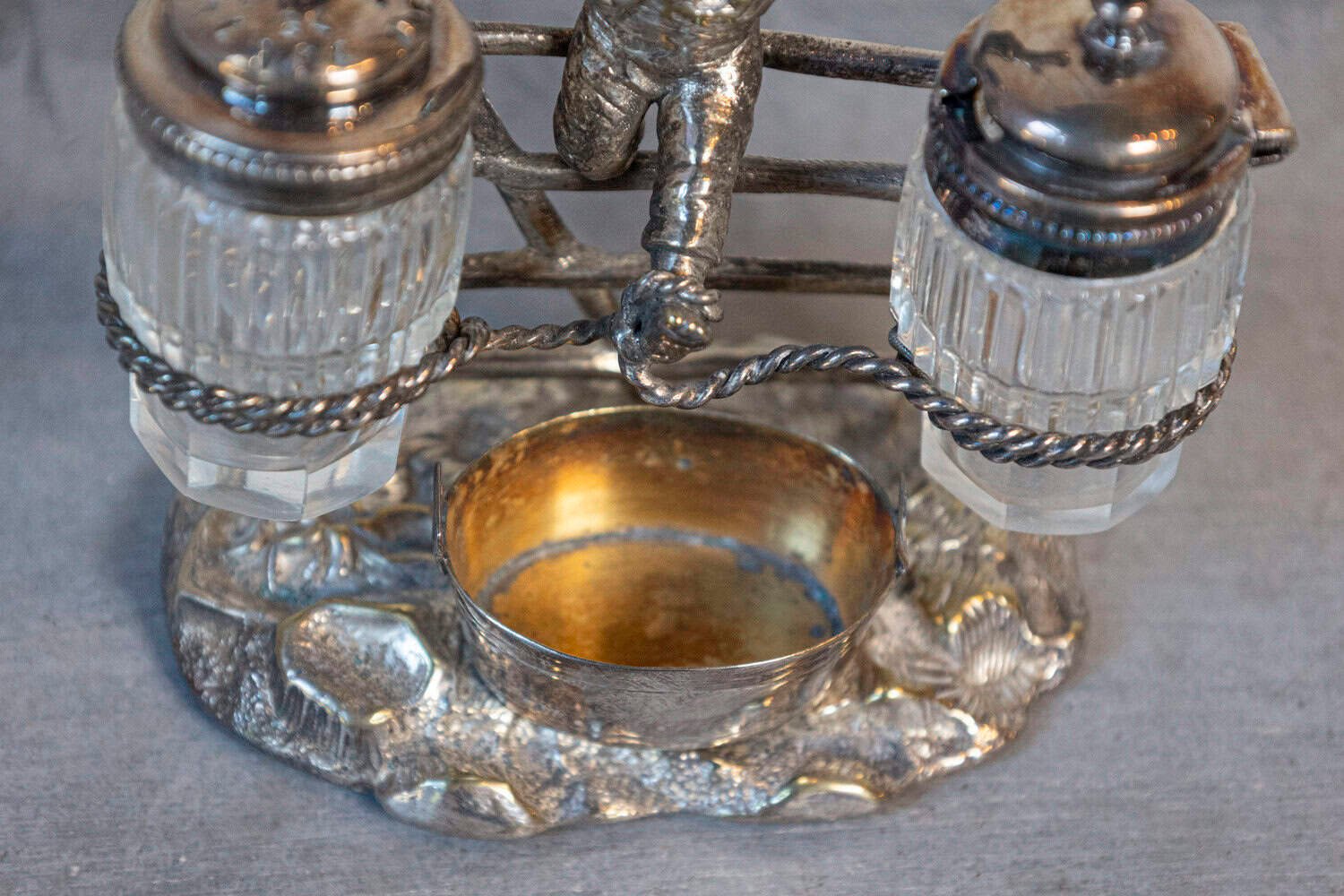 English circa 1873 Silver Plated Cruet Set of Young Boy Leaping in the Air - JAA