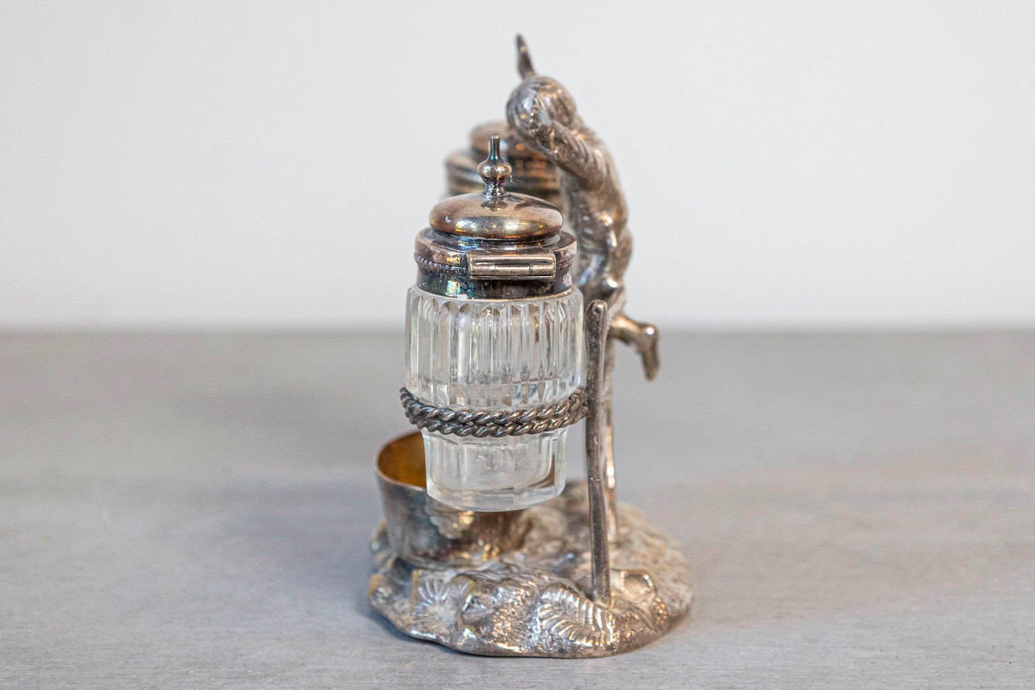 English circa 1873 Silver Plated Cruet Set of Young Boy Leaping in the Air - JAA