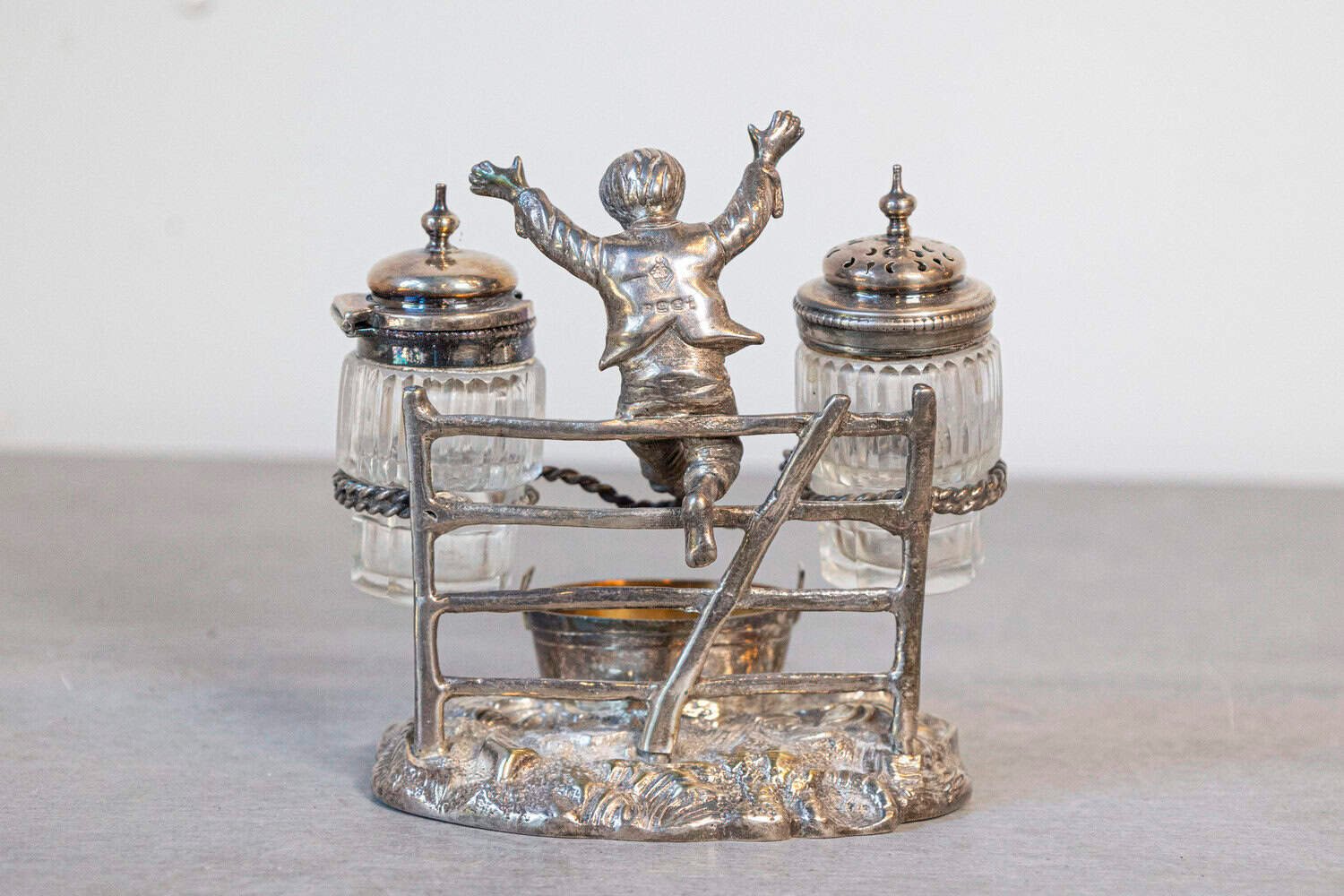 English circa 1873 Silver Plated Cruet Set of Young Boy Leaping in the Air - JAA