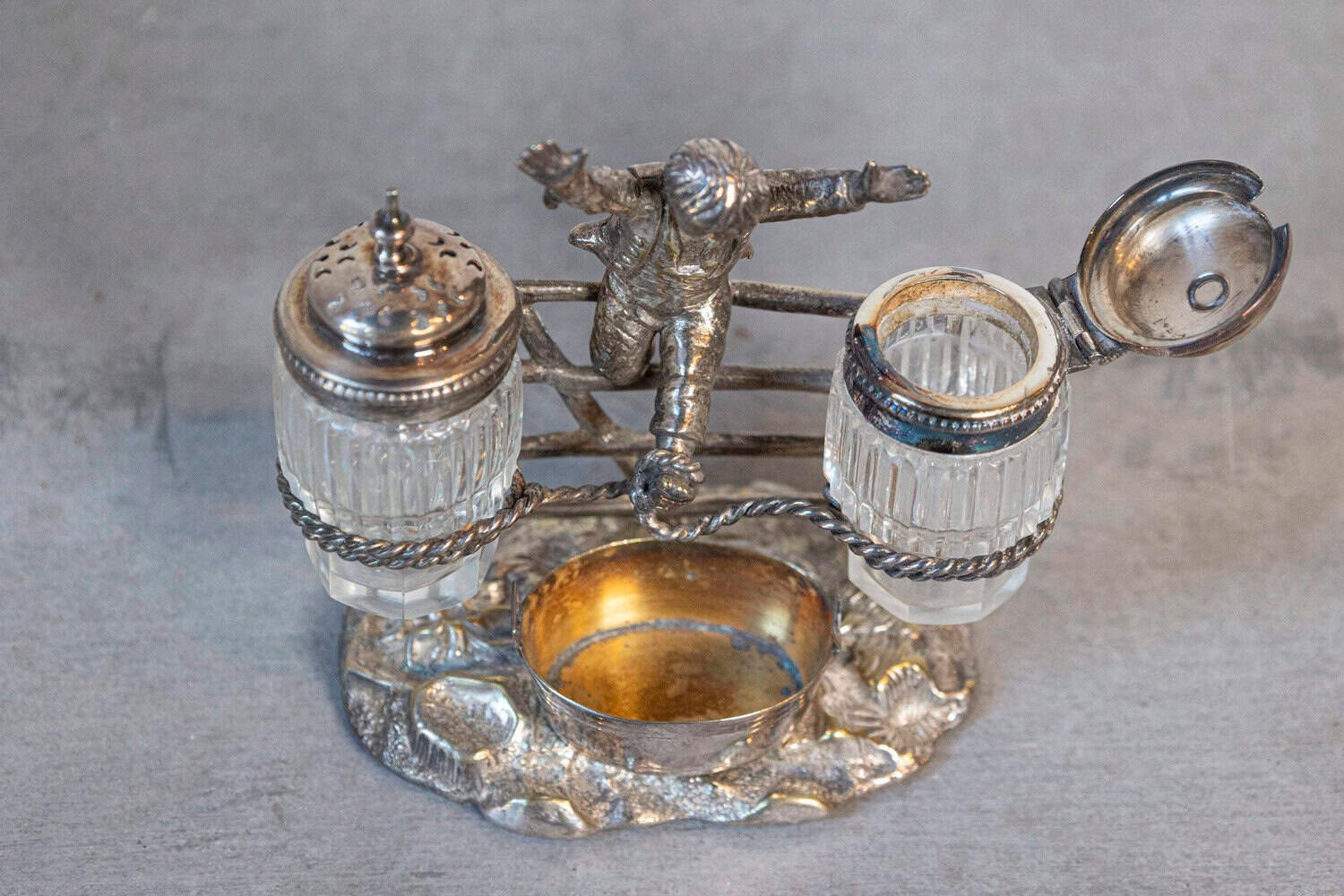 English circa 1873 Silver Plated Cruet Set of Young Boy Leaping in the Air - JAA
