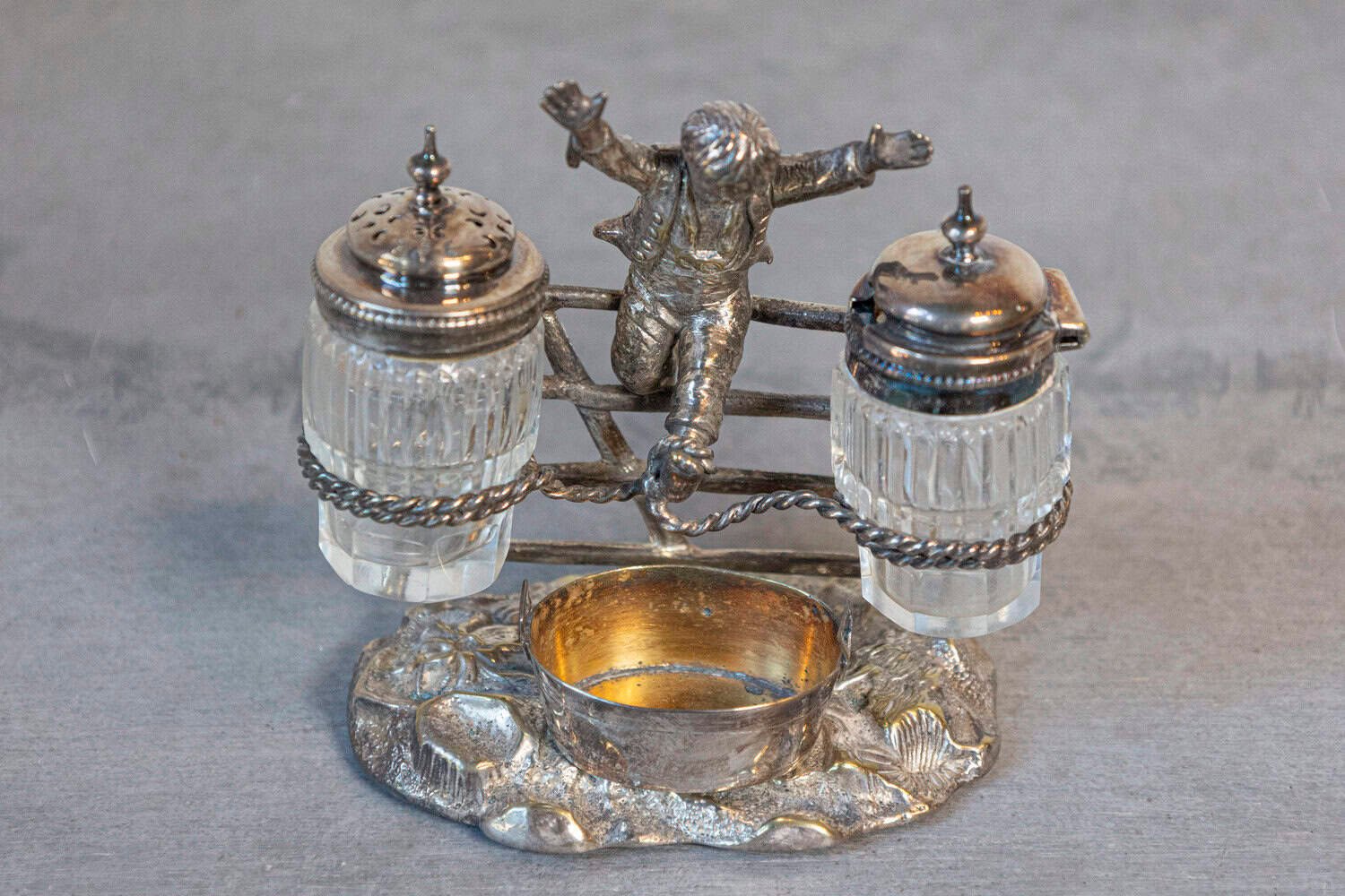 English circa 1873 Silver Plated Cruet Set of Young Boy Leaping in the Air - JAA
