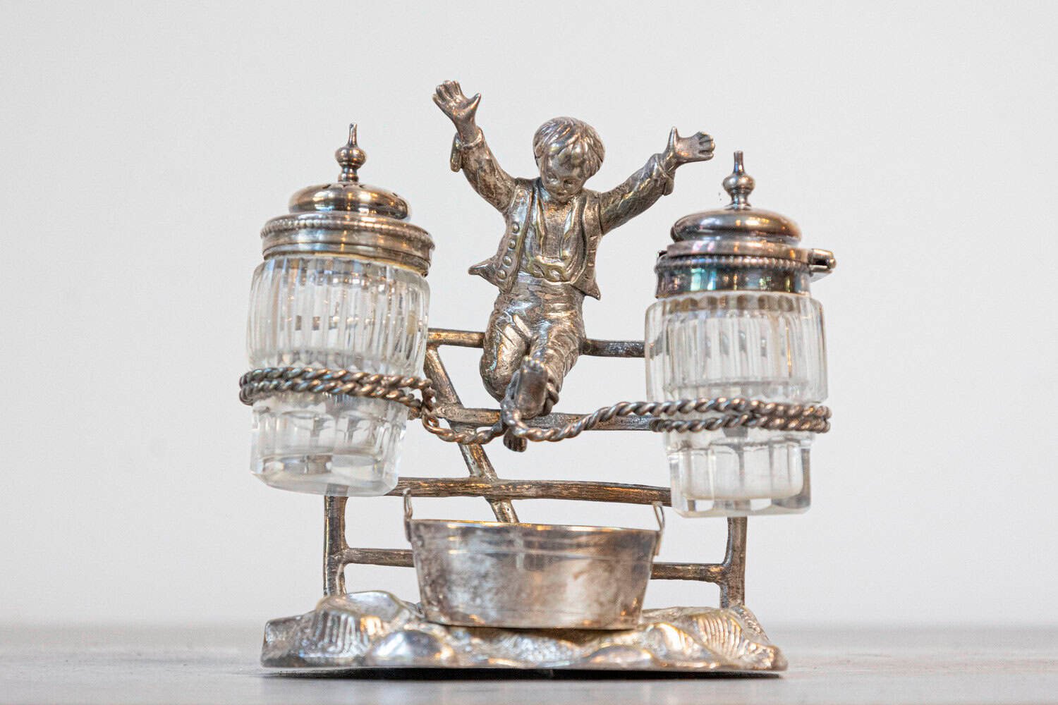 English circa 1873 Silver Plated Cruet Set of Young Boy Leaping in the Air - JAA