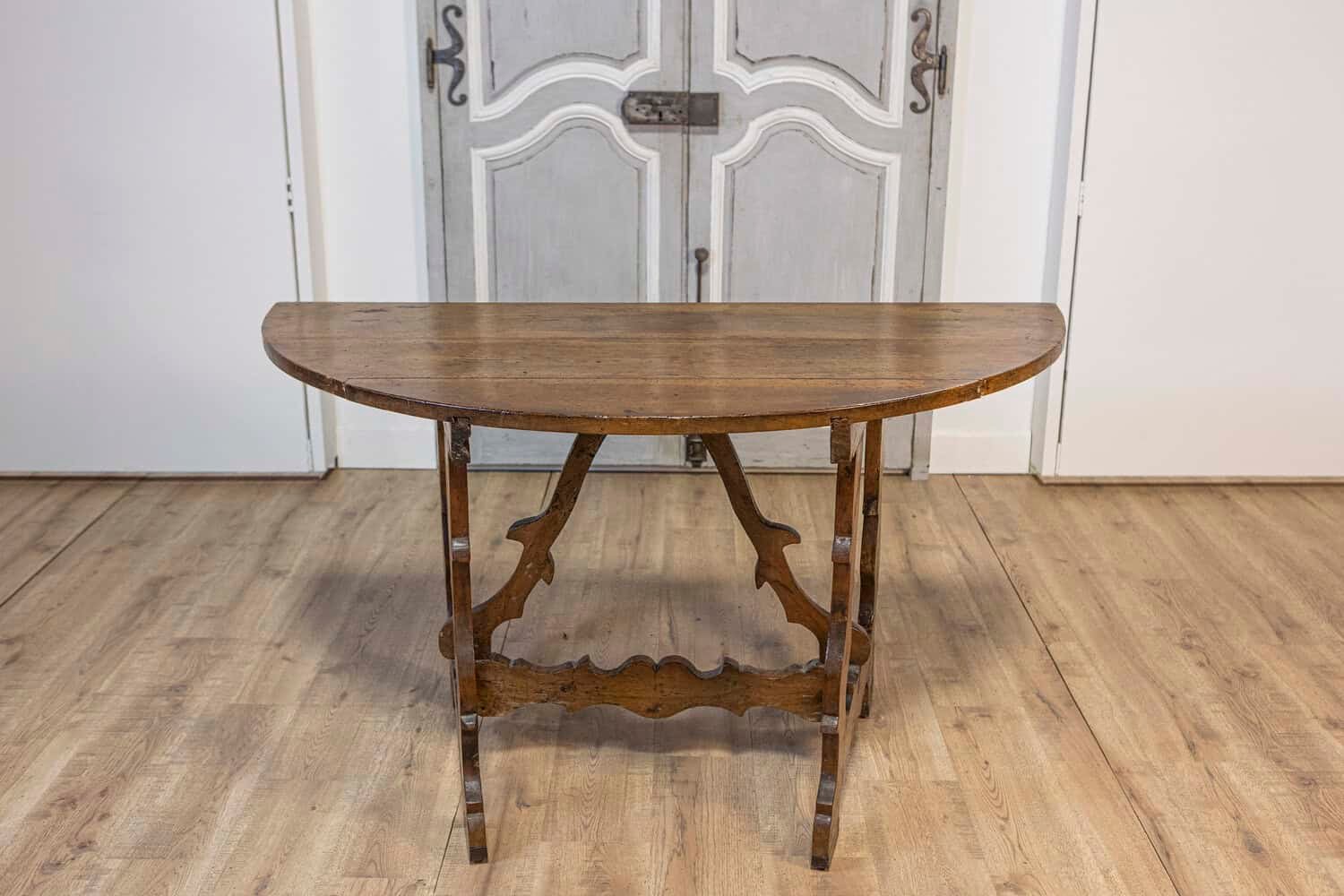 17th Century Italian Baroque Period Walnut Demilune Table with Carved Lyre Base - JAA