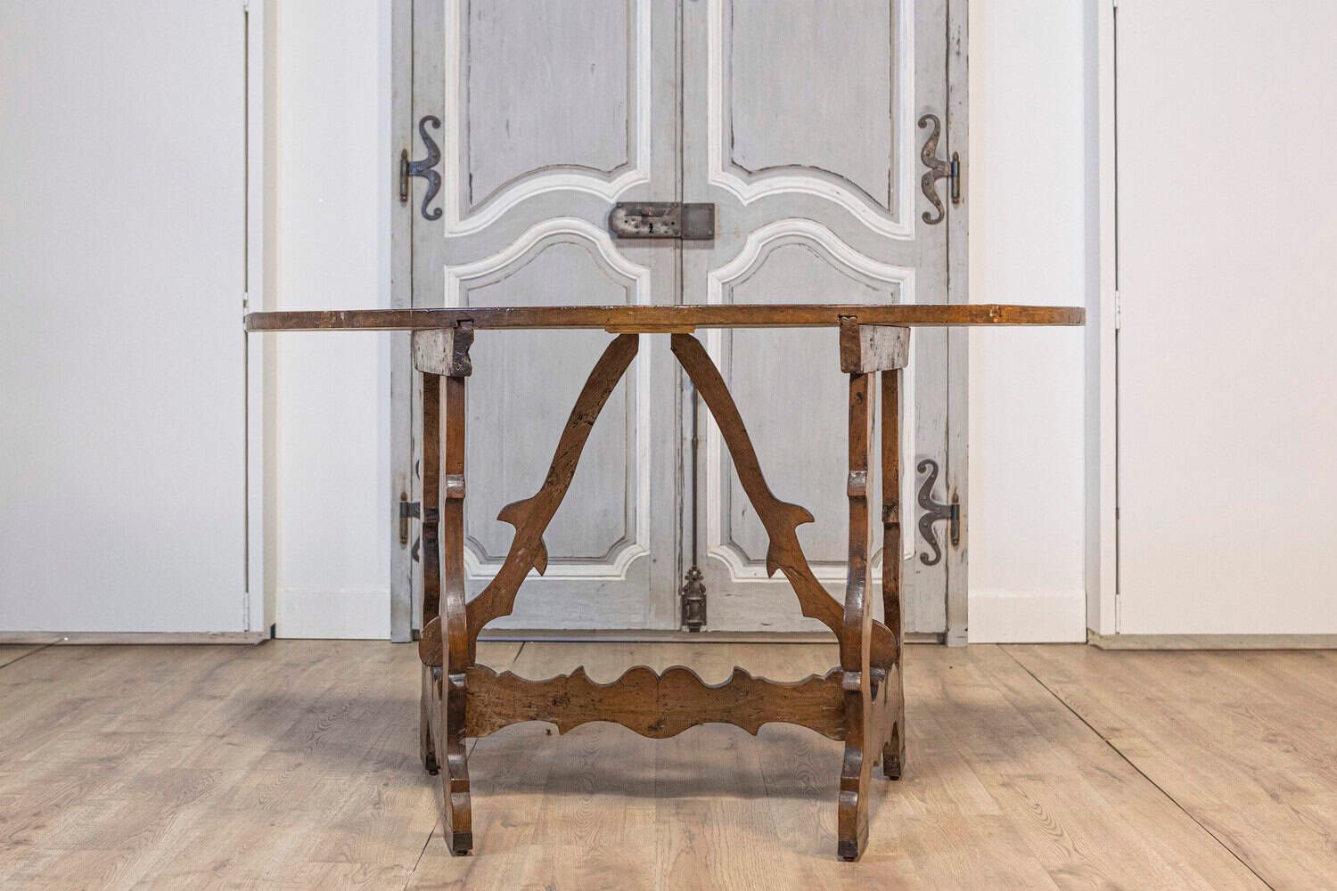 17th Century Italian Baroque Period Walnut Demilune Table with Carved Lyre Base - JAA
