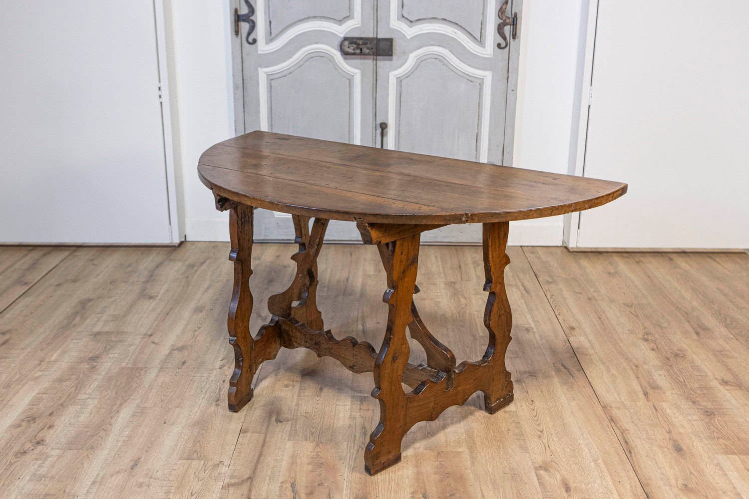17th Century Italian Baroque Period Walnut Demilune Table with Carved Lyre Base - JAA