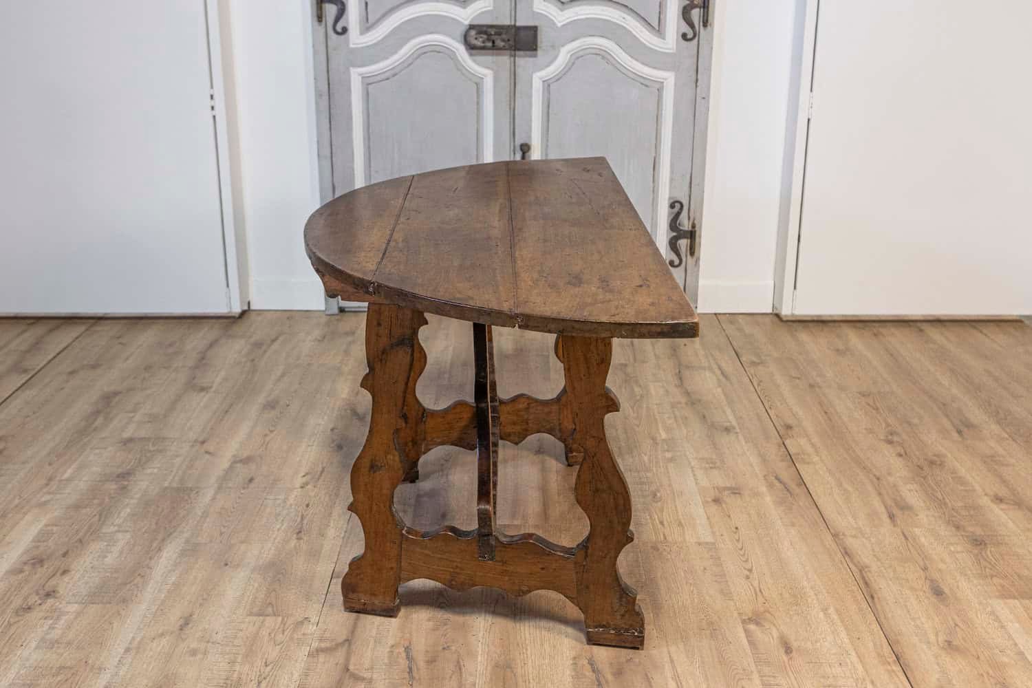 17th Century Italian Baroque Period Walnut Demilune Table with Carved Lyre Base - JAA