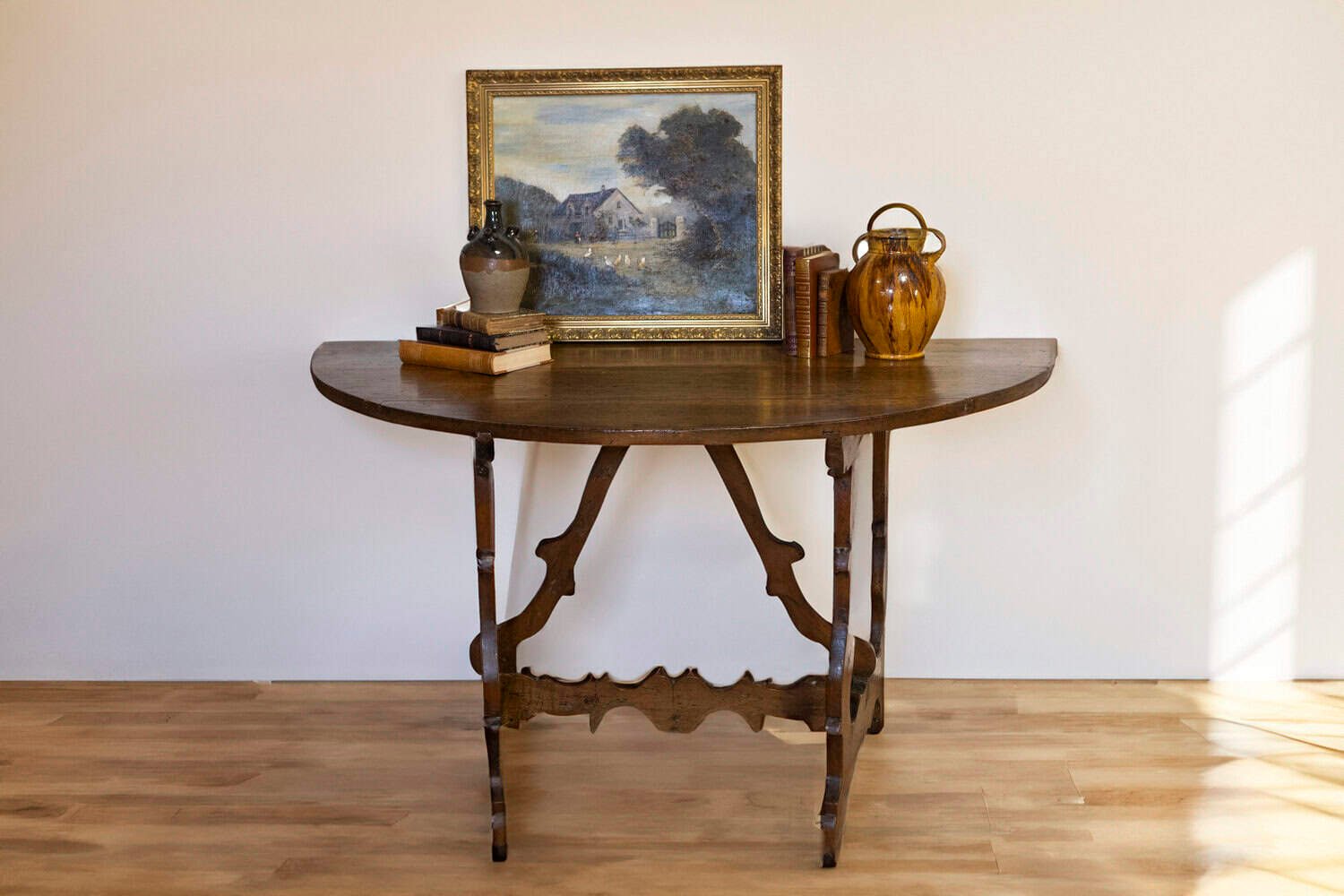 17th Century Italian Baroque Period Walnut Demilune Table with Carved Lyre Base - JAA