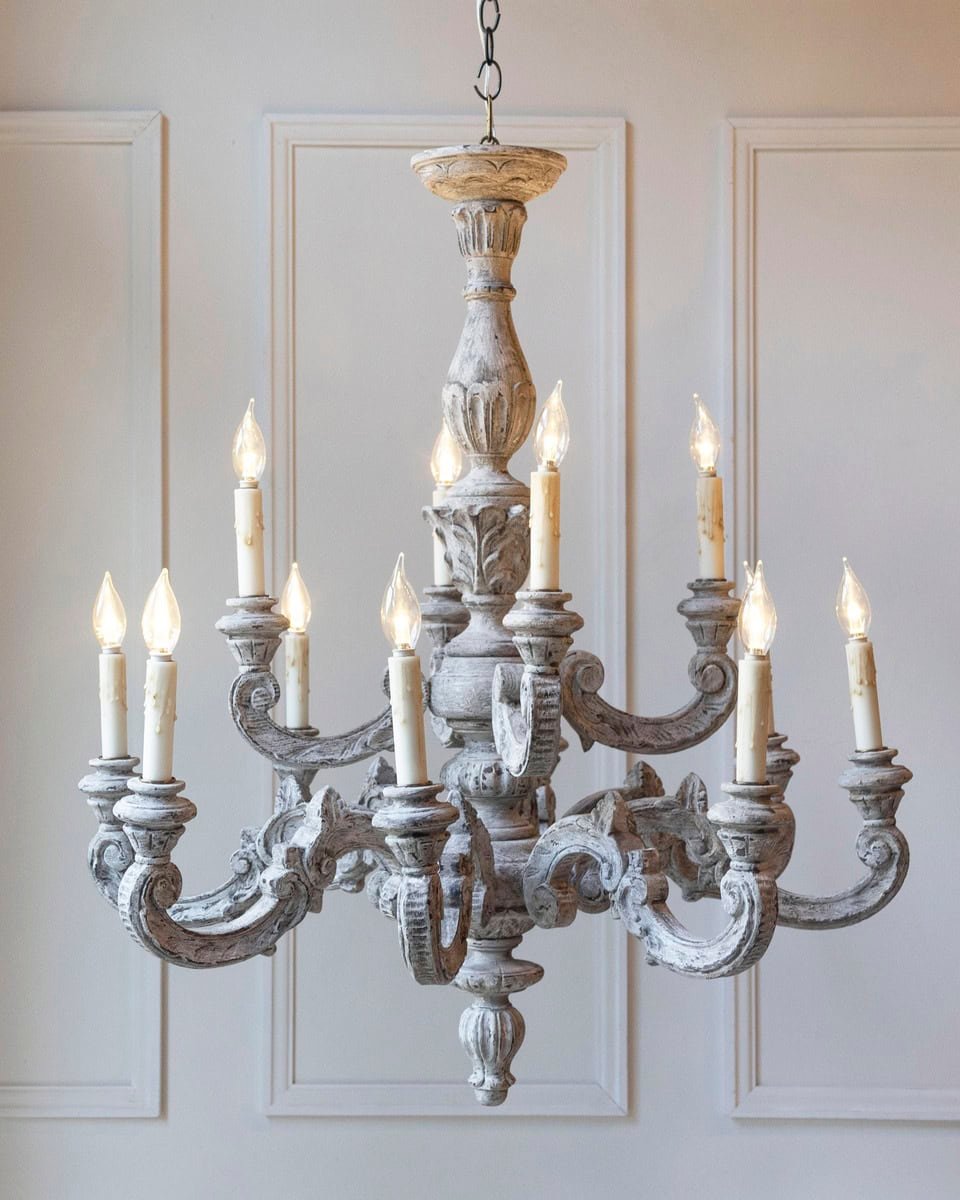 French 20th Century Carved and Painted Wood Twelve-Light Chandelier - JAA