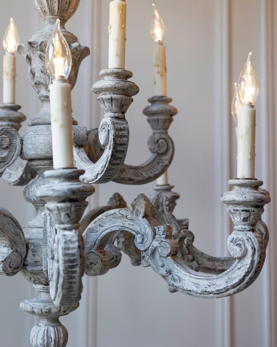 French 20th Century Carved and Painted Wood Twelve-Light Chandelier - JAA