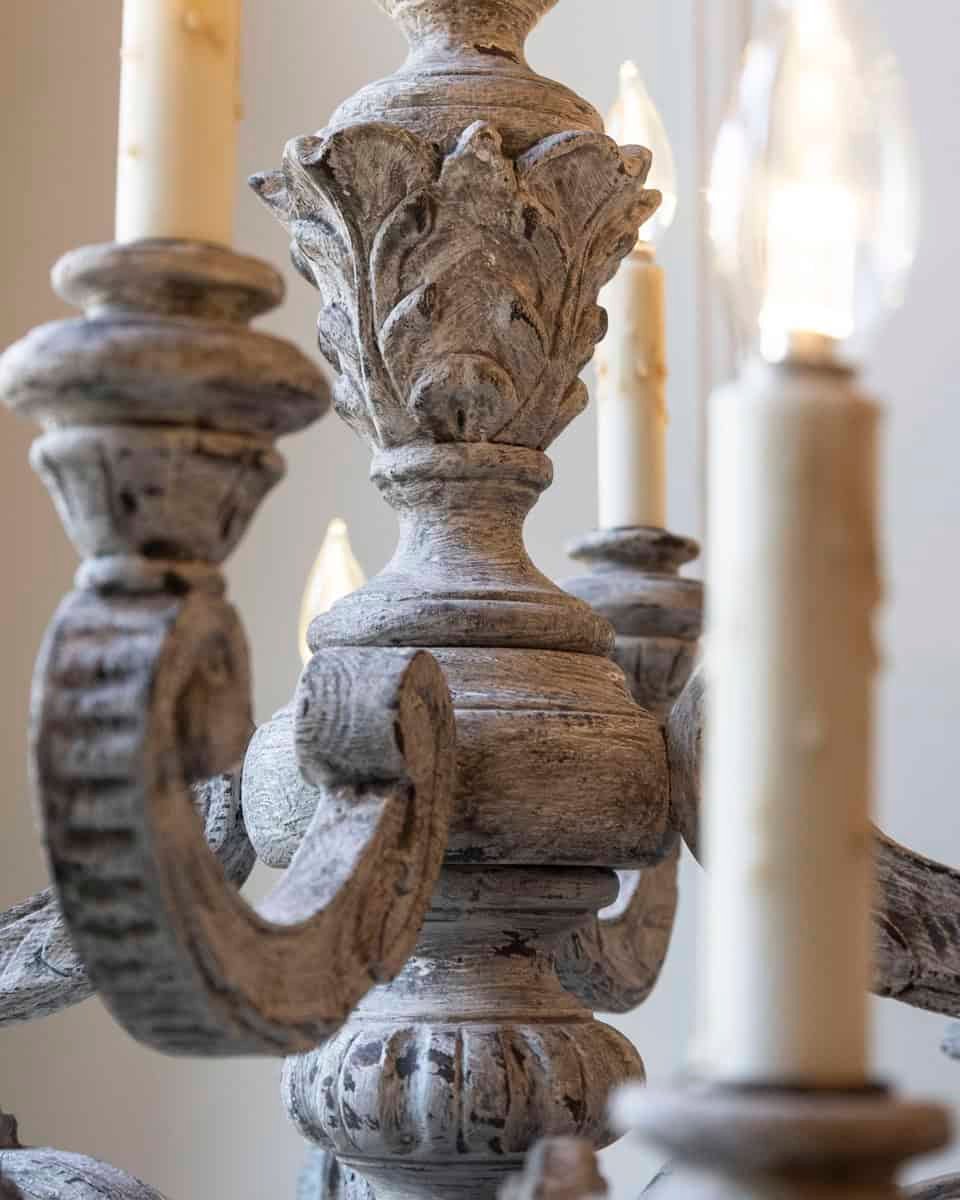 French 20th Century Carved and Painted Wood Twelve-Light Chandelier - JAA