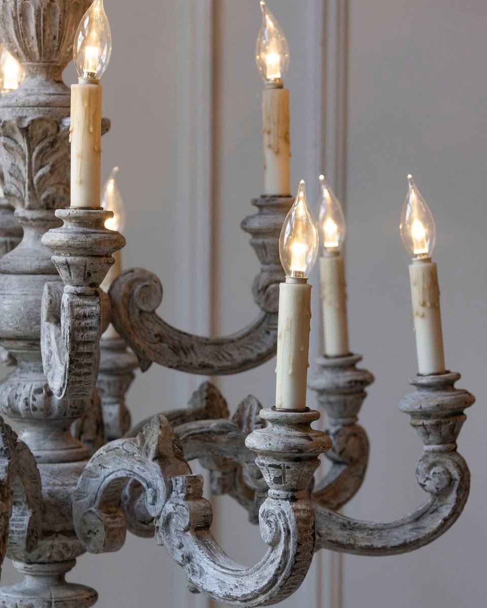 French 20th Century Carved and Painted Wood Twelve-Light Chandelier - JAA