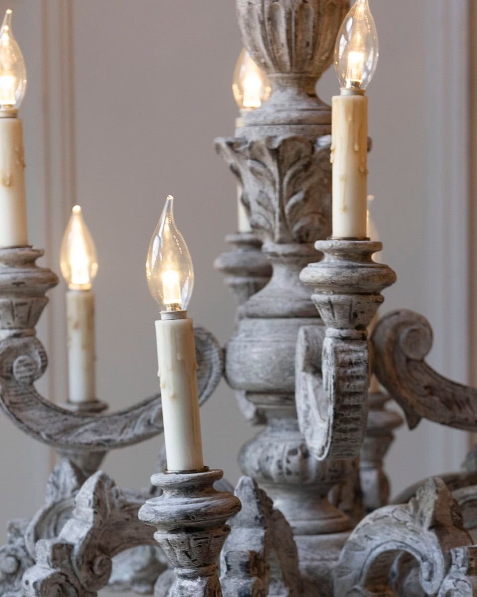 French 20th Century Carved and Painted Wood Twelve-Light Chandelier - JAA