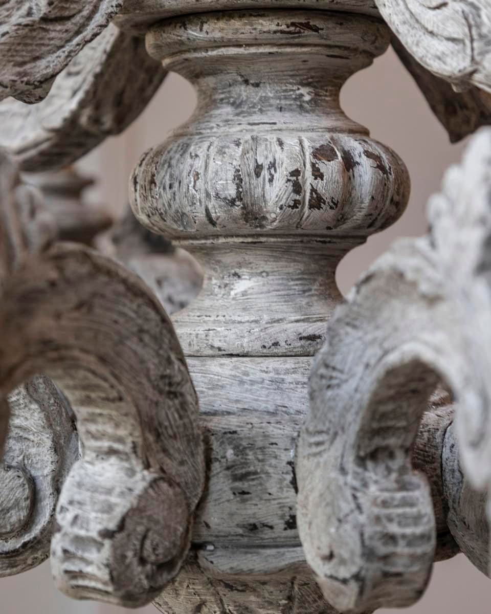 French 20th Century Carved and Painted Wood Twelve-Light Chandelier - JAA