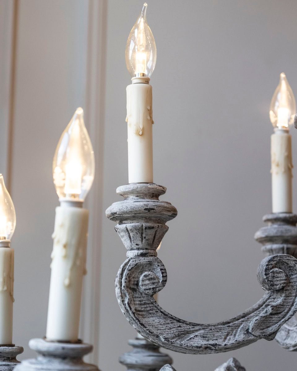 French 20th Century Carved and Painted Wood Twelve-Light Chandelier - JAA