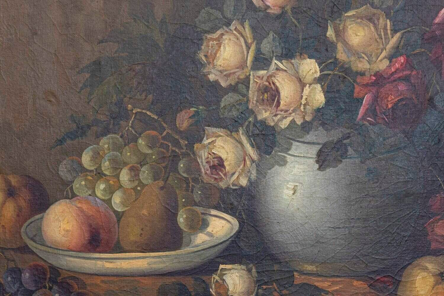 French Napoleon III 1860s Still-Life Oil Painting Depicting Roses and Fruits - JAA