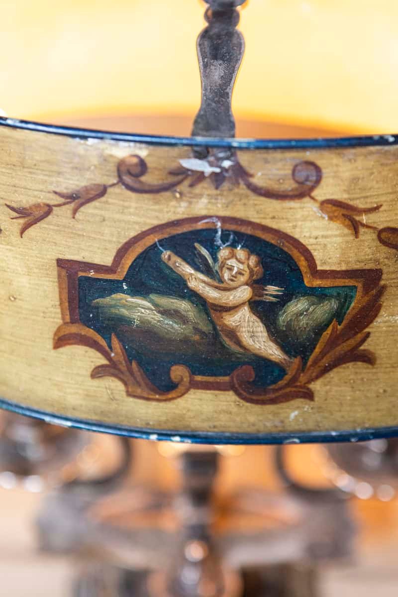 French 1850s Napoléon III Painted Tôle Two-Light Lamp with Cherub and Roses - JAA