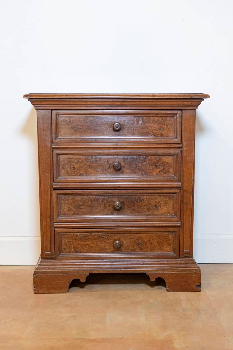 Italian 1840s Bedside Chest with Four Drawers, Burl Panels and Bracket Feet - JAA