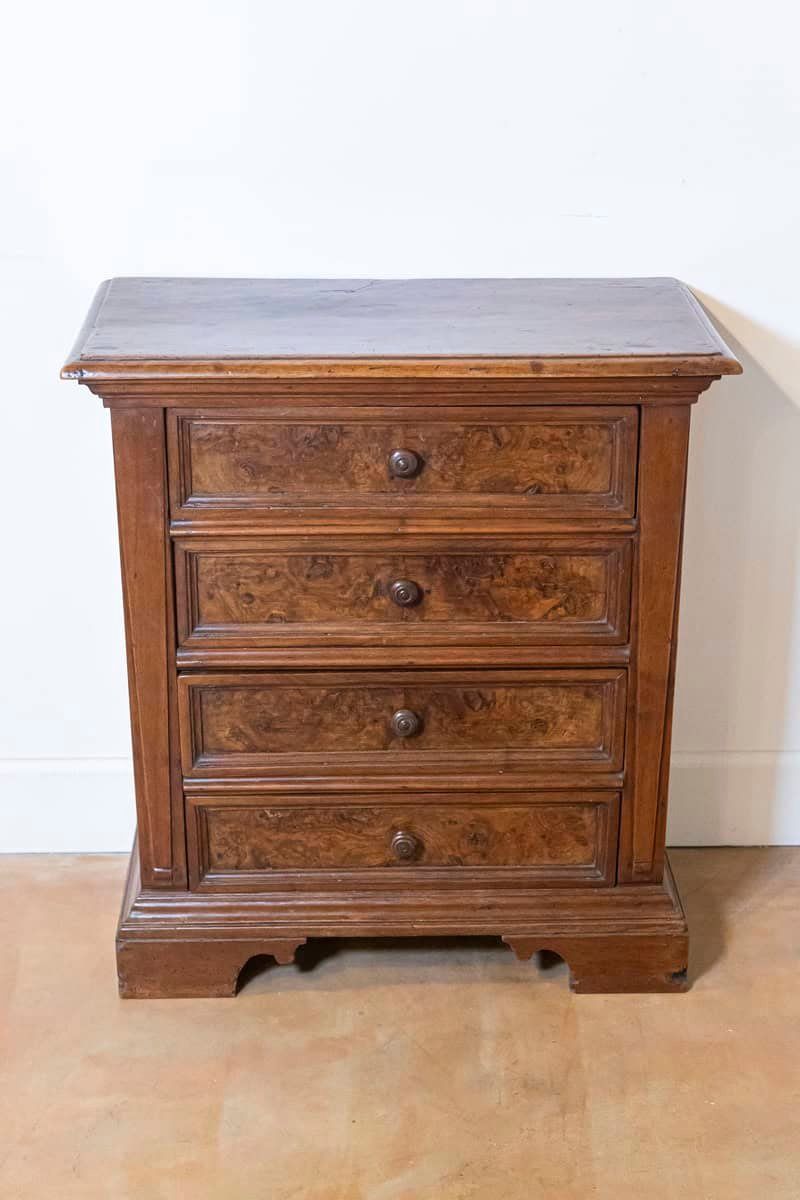 Italian 1840s Bedside Chest with Four Drawers, Burl Panels and Bracket Feet - JAA